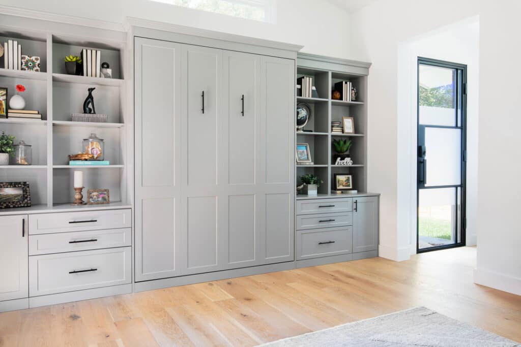 The More Space Place grey shaker Metro Murphy bed with shelves is ideal for any room.