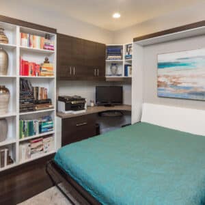 A Murphy bed for office space allows you to hide the bed during the day while the space is a functioning office and easily pull down the wall bed for nighttime use. Learn more about Murphy bed with desk options.